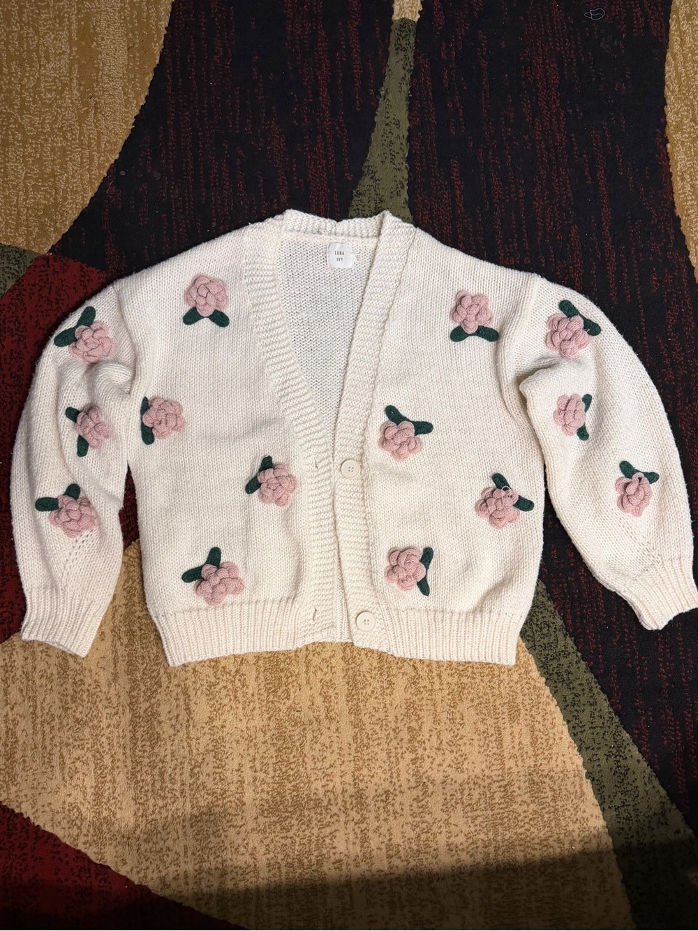 Cream Floral Appliqué V-Neck Cardigan with Pink Flowers